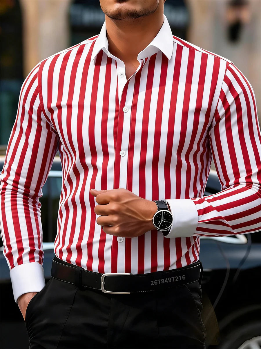 Camisa masculina de manga comprida listrada casual de negócios, design elegante com lapela e emenda de cores contrastantes, top casual masculino.