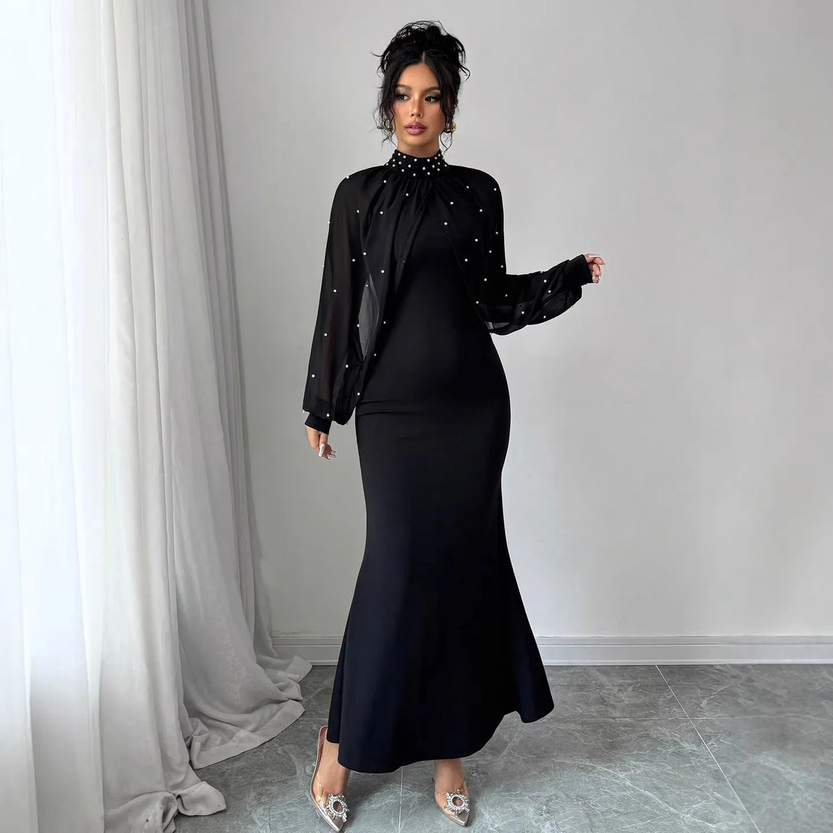 Vestido Longo Sereia Feminino 2026 Elegante com Gola Alta, Manga Longa em Tule, Cintura Marcada e Renda Sexy para Casamento