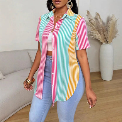 Camisa Feminina Estampada da Moda 2026 Novo Estilo Slim Fit Manga Curta Cardigã Patchwork Estilo Doce Elegante Qualidade Poliéster