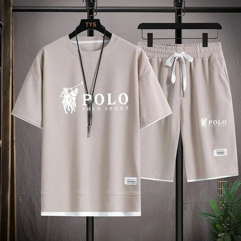 2025 camiseta masculina de manga curta + shorts esportivos de duas peças verão moda respirável fitness casual jogging conjunto.