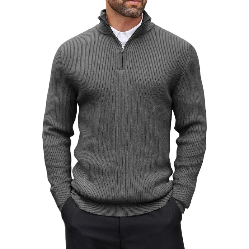 Suéter masculino com zíper quarto, gola simulada, casual, malha canelada, pulôver, outono, leve, polo, inverno, quente, roupa externa