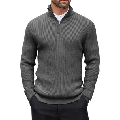 Suéter masculino com zíper quarto, gola simulada, casual, malha canelada, pulôver, outono, leve, polo, inverno, quente, roupa externa