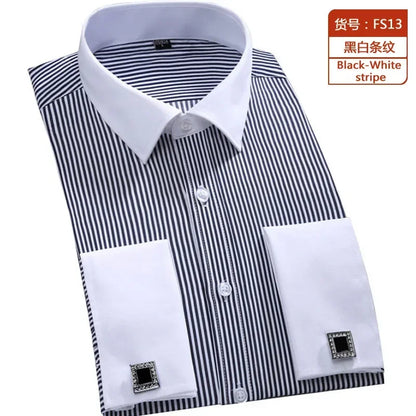 Qualidade e suave formal masculino francês manguito vestido camisa masculina manga longa sólido listrado estilo camisas masculinas abotoaduras incluem plus size