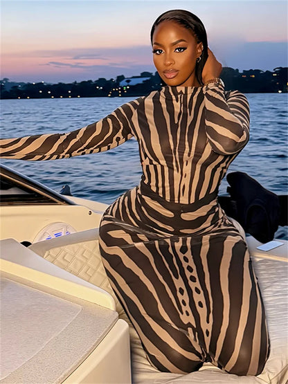 Vestido Maxi Sem Costas com Faixa Estampada Zebra e Manga Comprida, Ajuste Justo e Elástico, Moda Outono, Estilo Clássico Chique Noturno