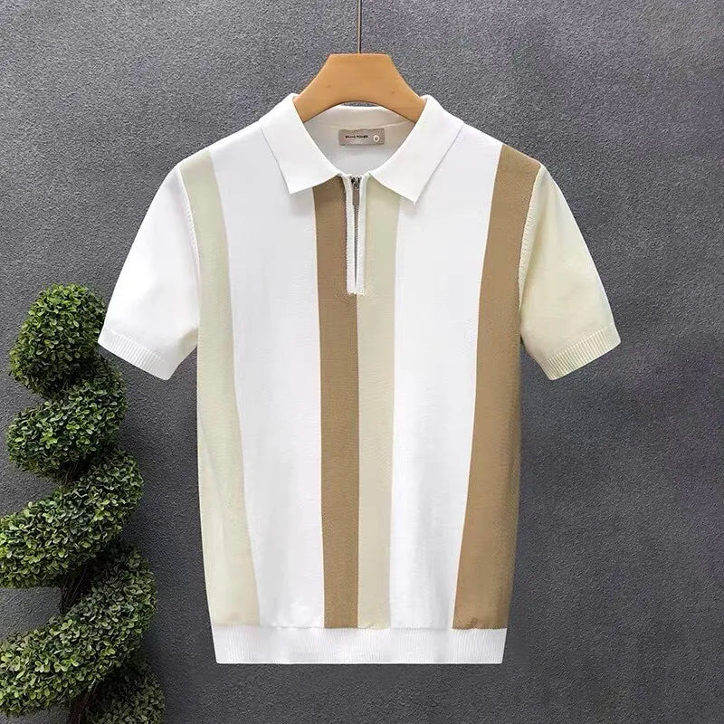 Meia zip estilo ocidental seda gelo fino suéter de manga curta para homens verão legal malha camiseta para homens camisa polo de alta qualidade
