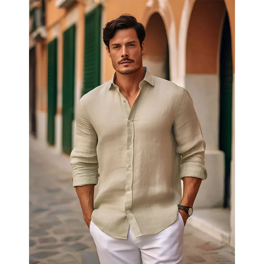 Camisas masculinas de linho de algodão de manga comprida slim fit para homens de negócios casual camisa com botões camisas leves e respiráveis