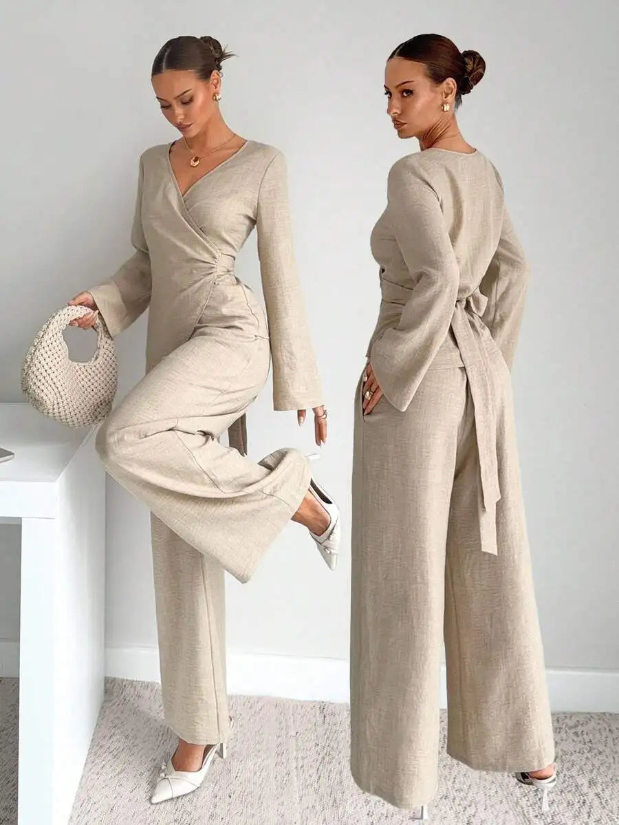 Conjunto de blazer elegante listrado com cinto e calça pantalona de duas peças para mulheres