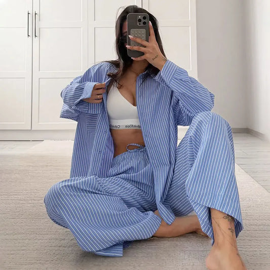 DSMTRC Women Casual Blue Stripe Loose Suits Buttons Shirt + Drawstring Pant 2025 New Summer Fashion Holidays Simple Stylish Sets