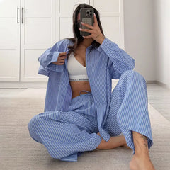 DSMTRC Women Casual Blue Stripe Loose Suits Buttons Shirt + Drawstring Pant 2025 New Summer Fashion Holidays Simple Stylish Sets