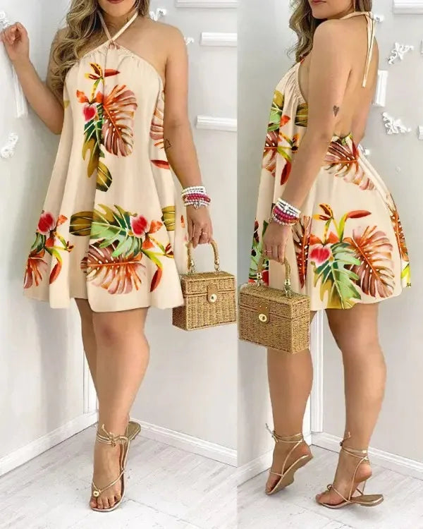 Vestido Boho com Estampa Floral e Decote Halter, Costas Nuas e Alças no Pescoço, Ideal para Primavera/Verão - Roupas Femininas