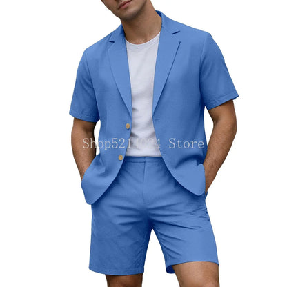 Conjuntos para Homens Blazer de Manga Curta e Calças Curtas Leves para Casamento, Festa, Negócios e Trajes Formais