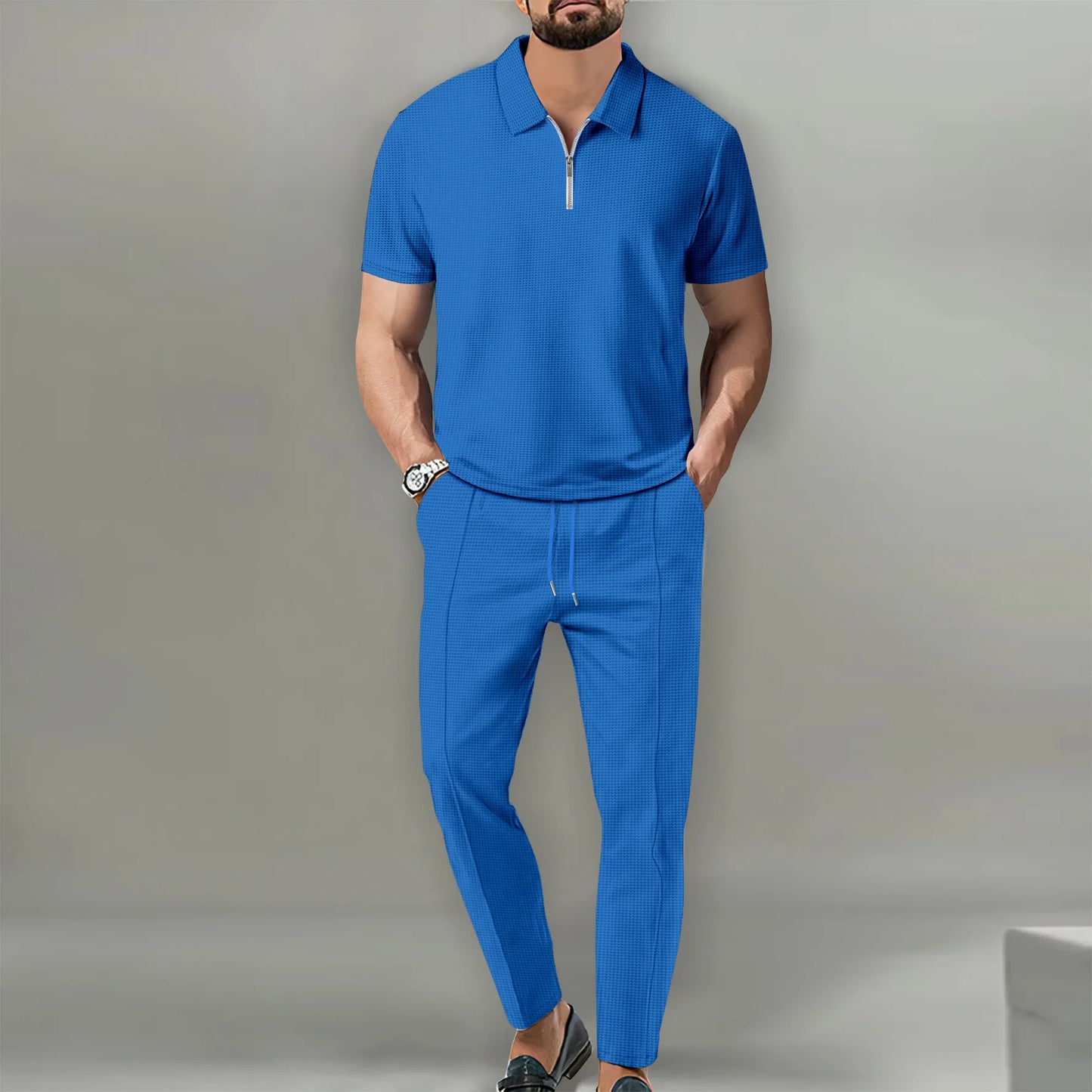 Verão masculino esportes polo terno de manga curta elegante zíper camisa polo e shorts conjunto masculino casual streetwear 2 peças lazer esportes conjunto