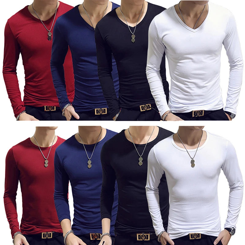 Camiseta masculina de manga comprida com estampa "Cultive a Moralidade" para a Primavera e o Outono, gola redonda, em poliéster liso, nas cores vermelho, azul e preto.
