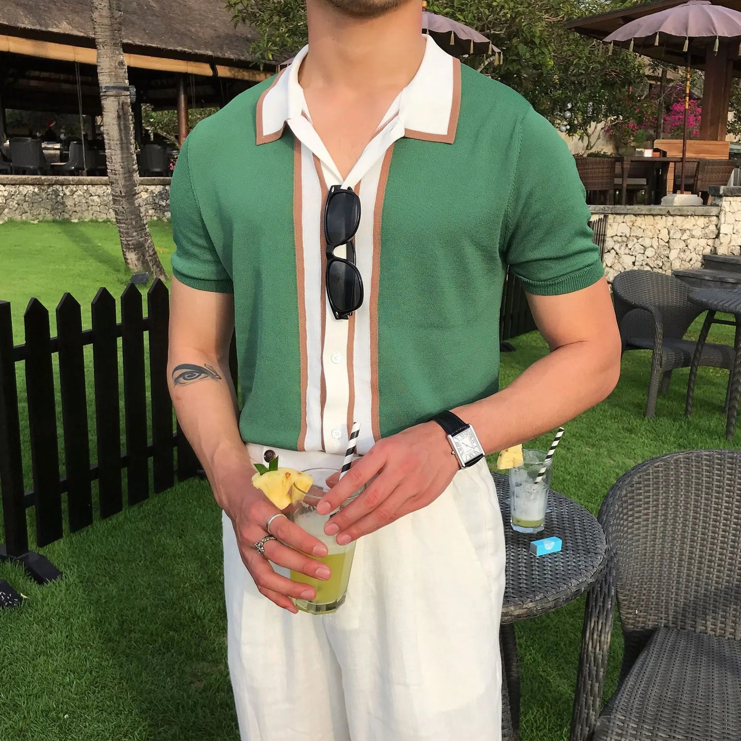 Camisa polo de manga curta de malha masculina, blusa casual de negócios, polo Slim Fit, primavera verão, camiseta listrada moda, camiseta com gola polo, malhas