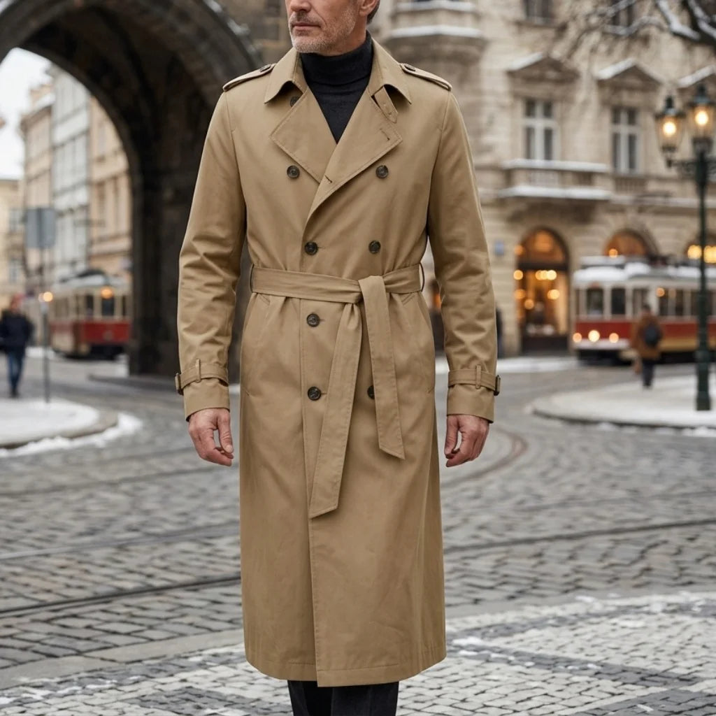 Novo Casaco Masculino de Outono Super Longo - Corta-Vento com Cinto e Botões Duplos |   Jaquetas Longas Casuais Finas e Soltas para Homens