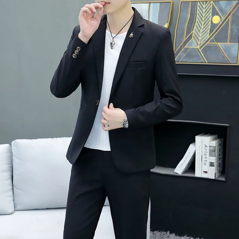 Slim Fit Two-Piece Suit Casual Business Style Solid Color Autumn  Dress Suit with Trousers Included Stylish Men's Costume