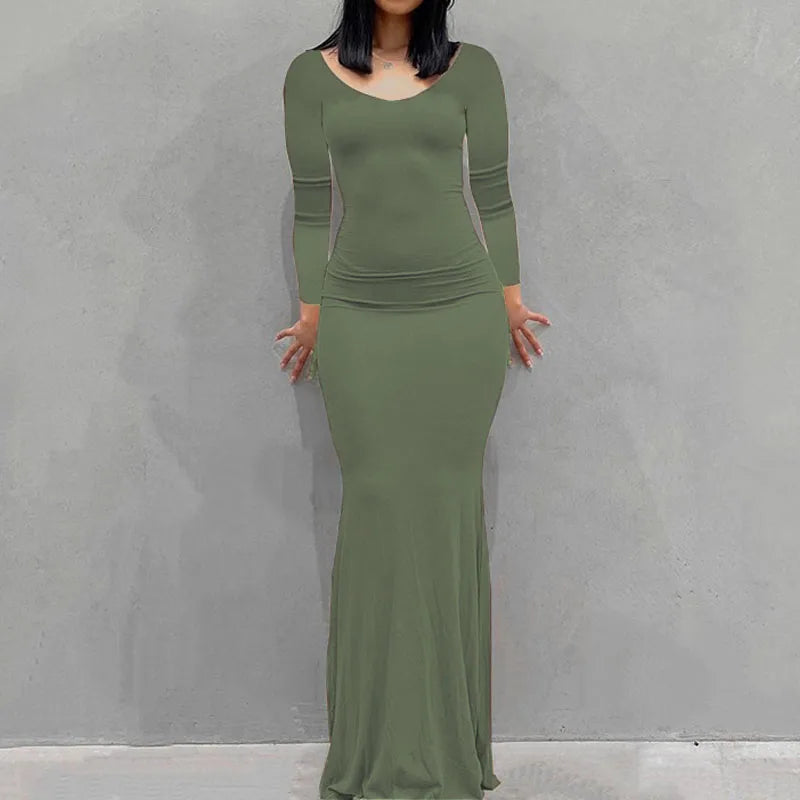 Novo vestido feminino longo, casual, justo, de manga comprida, para usar em casa