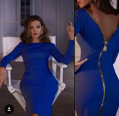 Vestido Feminino de Manga Longa com Decote Redondo e Cor Sólida para o Dia a Dia, com Bolso Lateral e Zíper, Design Elegante para Noite e Aniversário