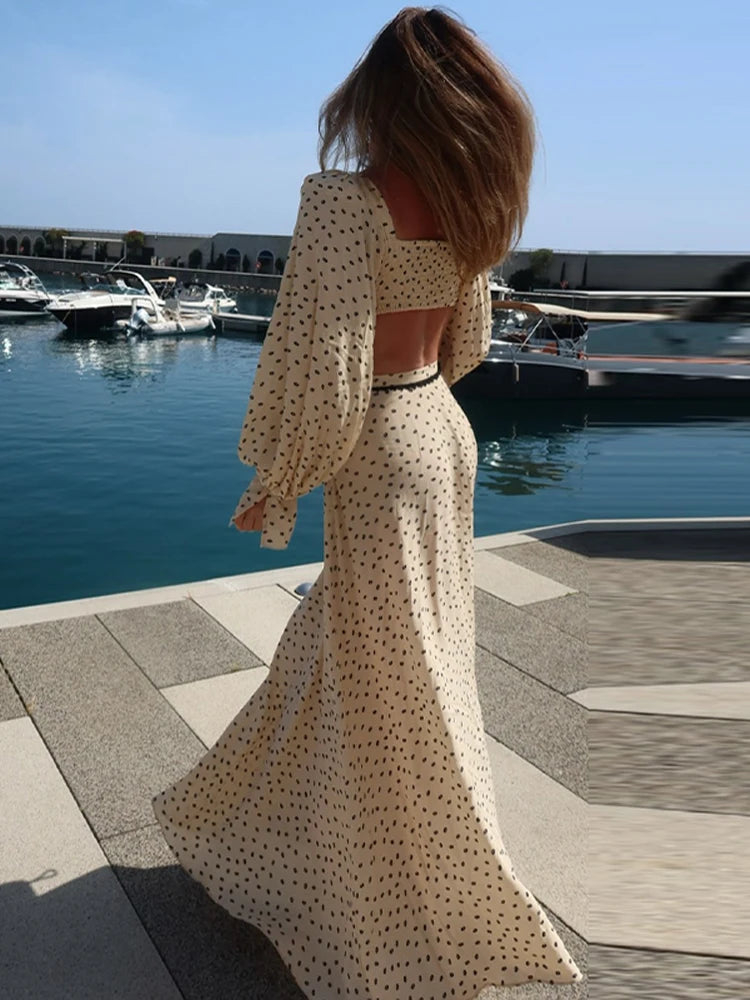 Conjunto Feminino de Saia Longa com Poás, Top Cropped de Renda com Decote Quadrado e Manga Bufante, Saias Godê de Cintura Alta - Terno Feminino de Verão 2026