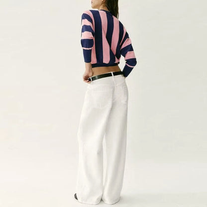 Suéter Listrado de Manga Longa com Gola Redonda Casual para Mulheres, Moda de Verão, Nova Chegada ZADATA, Top Confortável de Corte Solto