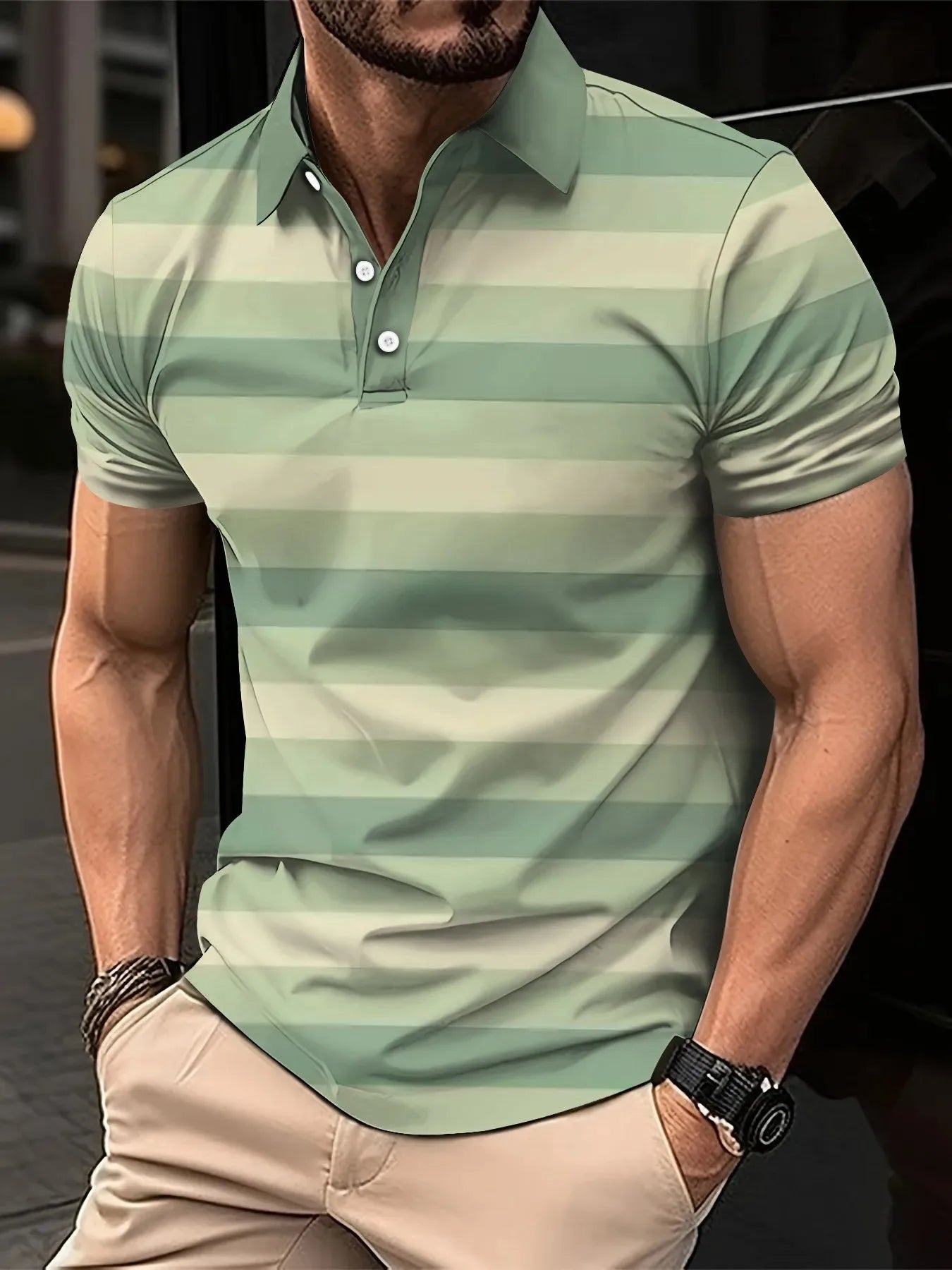 2026 Summer Men's Polo Shirt with Stripes Print Breathable Lightweight Casual Fashionable Outdoor Men's Clothing
