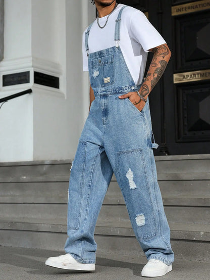 Macacão Jeans Masculino Moderno para o Verão, com Caimento Solto de Perna Larga, Design Rasgado e Estilo Urbano