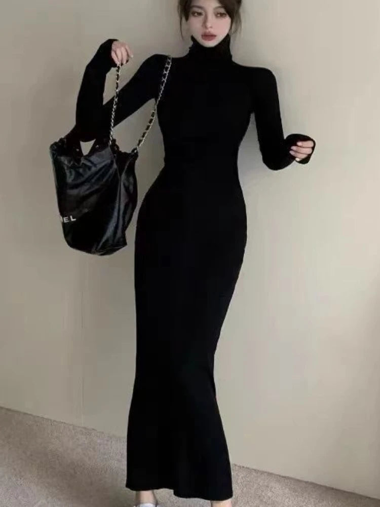 Gola alta vestidos pretos femininos sólidos magros roupas femininas outono tornozelo comprimento bodycon manga longa sexy quente moda trompete