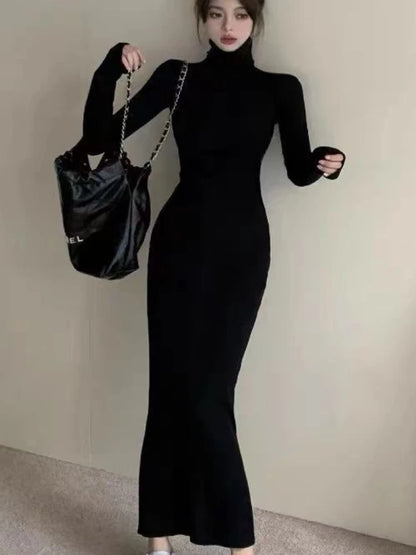 Gola alta vestidos pretos femininos sólidos magros roupas femininas outono tornozelo comprimento bodycon manga longa sexy quente moda trompete
