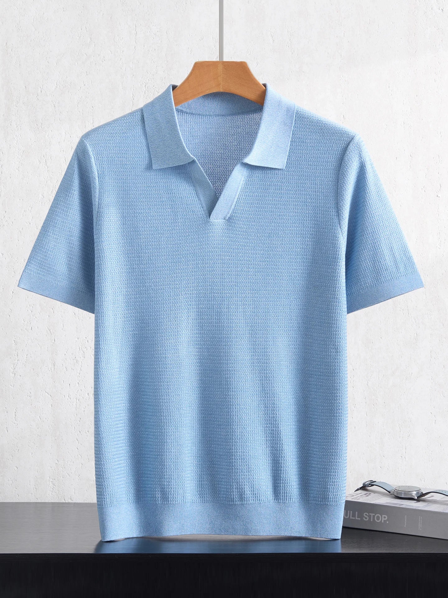 Camiseta Polo Masculina Nova de Verão 100% Liocel, Gola Polo, Cor Sólida, Malha Fina, Pulôver Casual de Negócios, Manga Curta