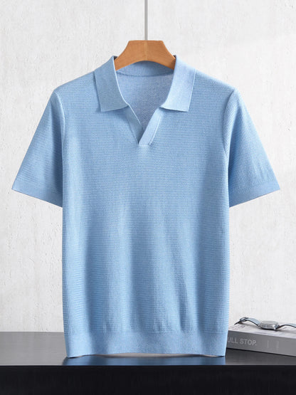 Camiseta Polo Masculina Nova de Verão 100% Liocel, Gola Polo, Cor Sólida, Malha Fina, Pulôver Casual de Negócios, Manga Curta