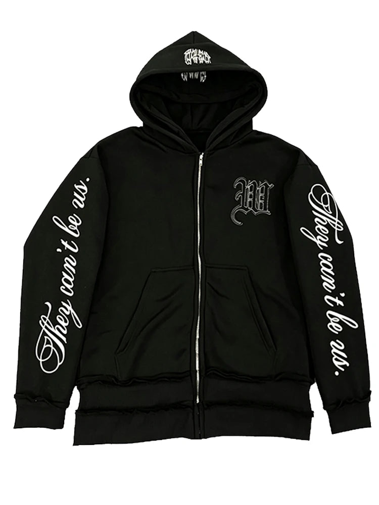 Conjunto de Moletom com Capuz e Zíper Frontal com Letras em Relevo Estilo Gótico e Calça Esportiva de Perna Larga, Estilo Linho Desgastado, Masculino e Feminino