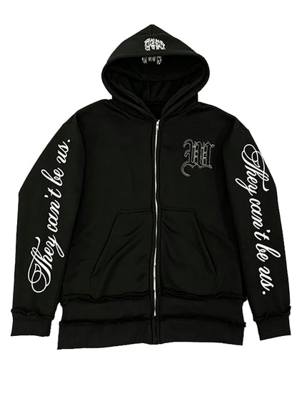 Conjunto de Moletom com Capuz e Zíper Frontal com Letras em Relevo Estilo Gótico e Calça Esportiva de Perna Larga, Estilo Linho Desgastado, Masculino e Feminino
