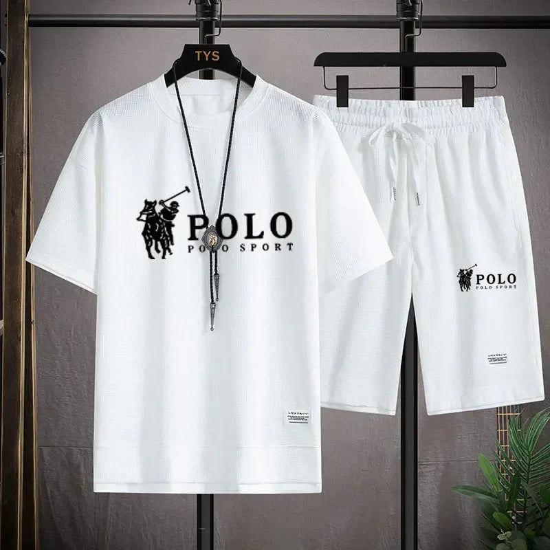 2025 camiseta masculina de manga curta + shorts esportivos de duas peças verão moda respirável fitness casual jogging conjunto.