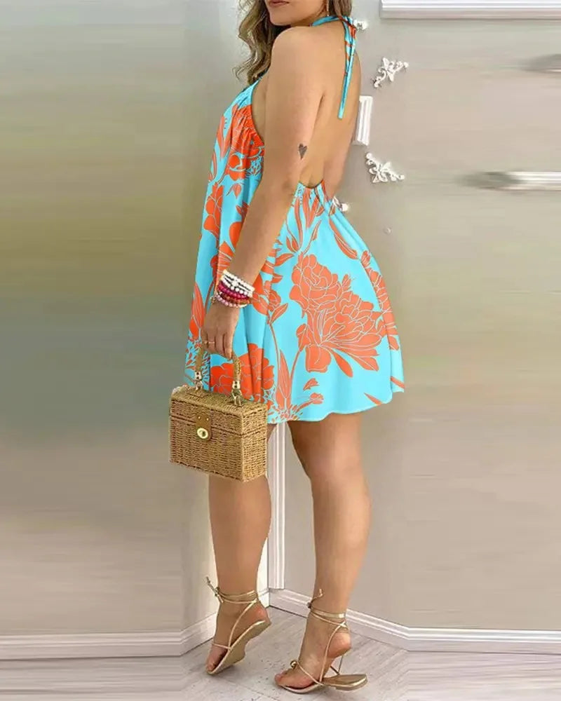 Vestido Boho com Estampa Floral e Decote Halter, Costas Nuas e Alças no Pescoço, Ideal para Primavera/Verão - Roupas Femininas
