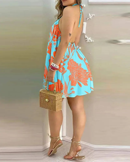 Vestido Boho com Estampa Floral e Decote Halter, Costas Nuas e Alças no Pescoço, Ideal para Primavera/Verão - Roupas Femininas