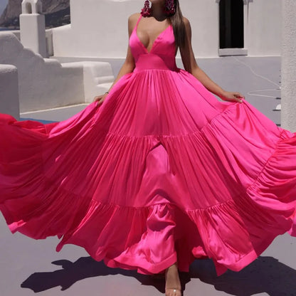 Vestido Feminino Elegante de Verão com Decote V Profundo, Cintura Alta, Sem Mangas, Cor Sólida e Saia Ampla, Ideal para Festas na Praia
