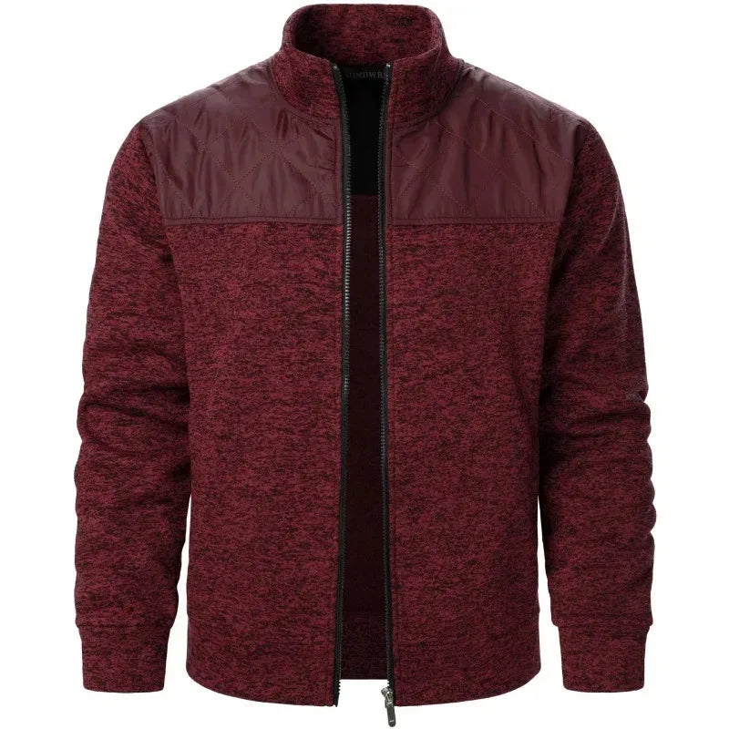 Jaqueta masculina patchwork com gola alta, corte slim, estilo cardigã, streetwear, esportiva, casual, com zíper, ideal para atividades ao ar livre.