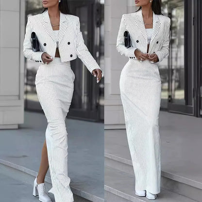 Primavera verão 2024 novo listrado fino ajuste terno moda feminina duplo breasted turn-down colarinho blazer cintura alta fenda saia terno