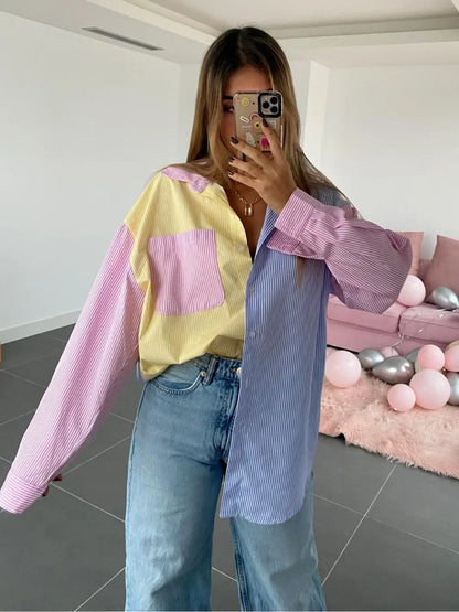 Camisa Feminina Casual de Manga Longa com Gola e Botões, Estampa Listrada em Blocos de Cores Pastel, Blusa Túnica para o Dia a Dia