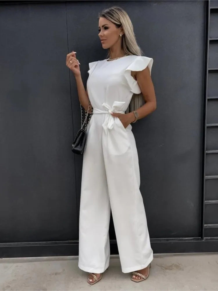Elegante moda feminina branco borboleta manga macacão sólido casual o-pescoço cintos perna larga playsuit verão senhora do escritório macacões