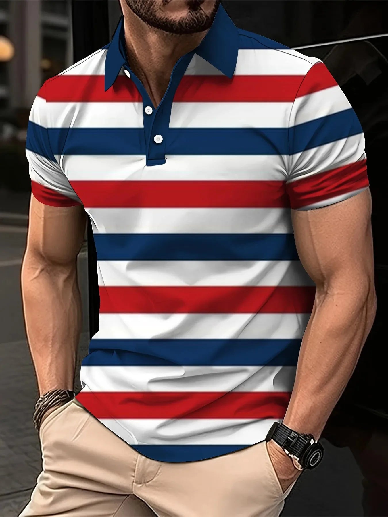 2026 Summer Men's Polo Shirt with Stripes Print Breathable Lightweight Casual Fashionable Outdoor Men's Clothing