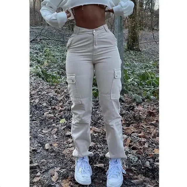 Mulheres cintura alta alta elástica sólida jeans 2023 novo outono jeans feminino workwear com bolso denim calças de perna reta calças de carga