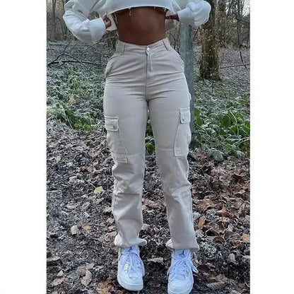 Mulheres cintura alta alta elástica sólida jeans 2023 novo outono jeans feminino workwear com bolso denim calças de perna reta calças de carga