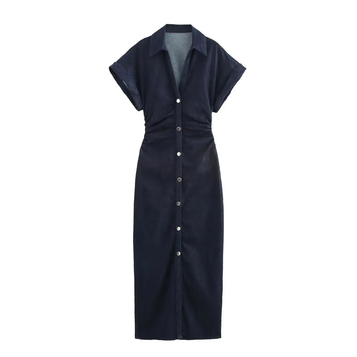 Etj primavera nova série 1975 denim midi vestido com lapela zíper lateral moda rugas cintura magro vestido elegante