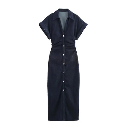 Etj primavera nova série 1975 denim midi vestido com lapela zíper lateral moda rugas cintura magro vestido elegante