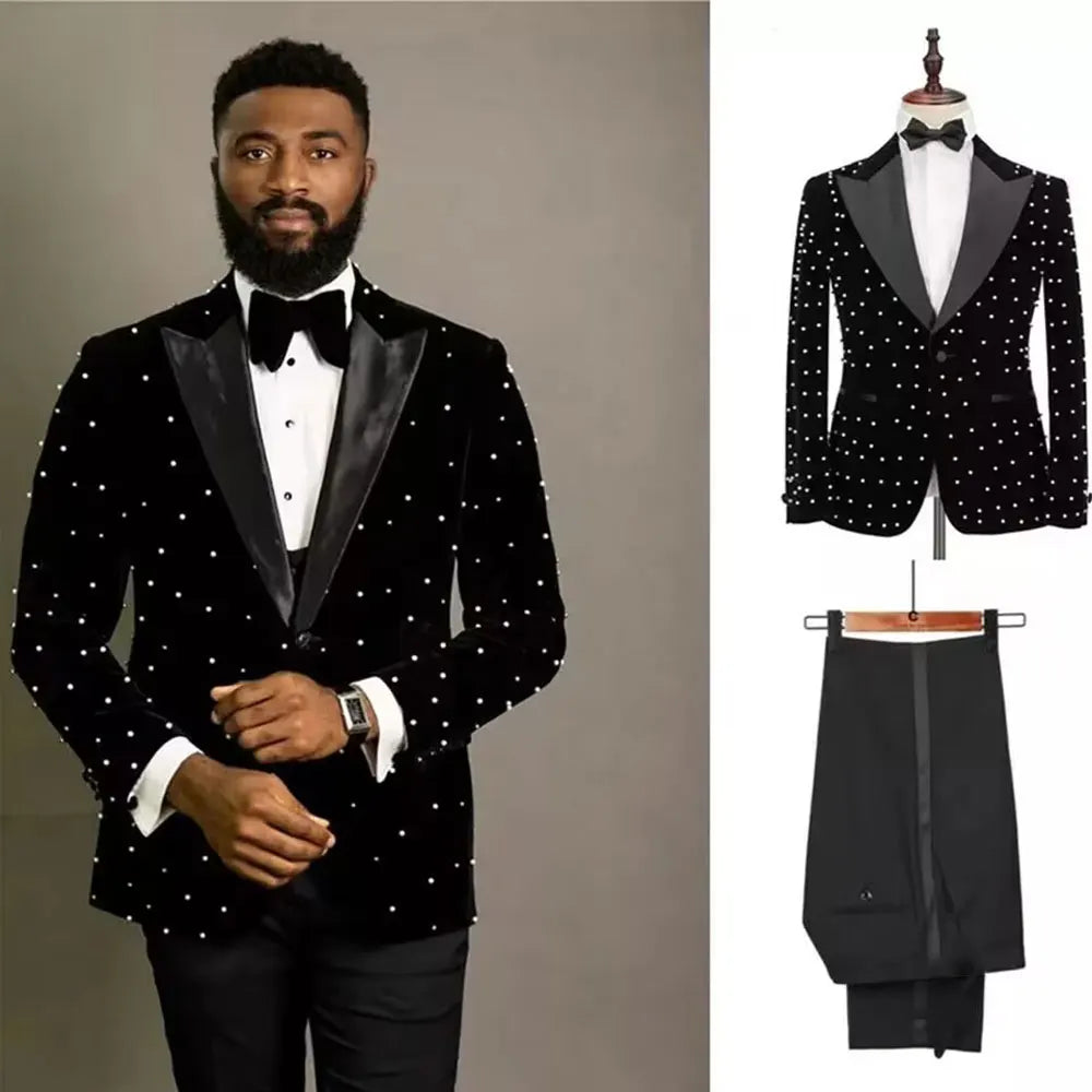 Terno de casamento masculino de luxo personalizado, lapela repicada, pérolas, smoking para noivo, veludo preto, para festa de baile, baile,иджак