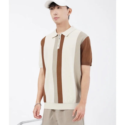 Camiseta Masculina de Verão com Listras, Camisa Polo Elegante e Minimalista, Suéter de Malha Versátil