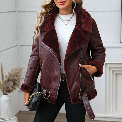 Fitaylor inverno feminino jaqueta de couro de pele do falso casual senhora grosso casaco de couro quente alta rua motocicleta outwear