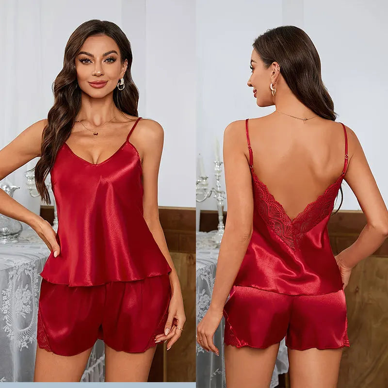 Conjunto de Pijamas Sexy de Verão para Mulheres, Com Decote Profundo e Sem Costas, Renda e Cetim, Confortável, Com Camiseta de Manga Curta e Shorts