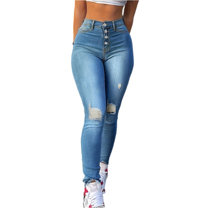 Calça jeans feminina rasgada de cintura alta, azul claro, vários botões, design angustiado, calças da moda com ajuste fino, jeans skinny